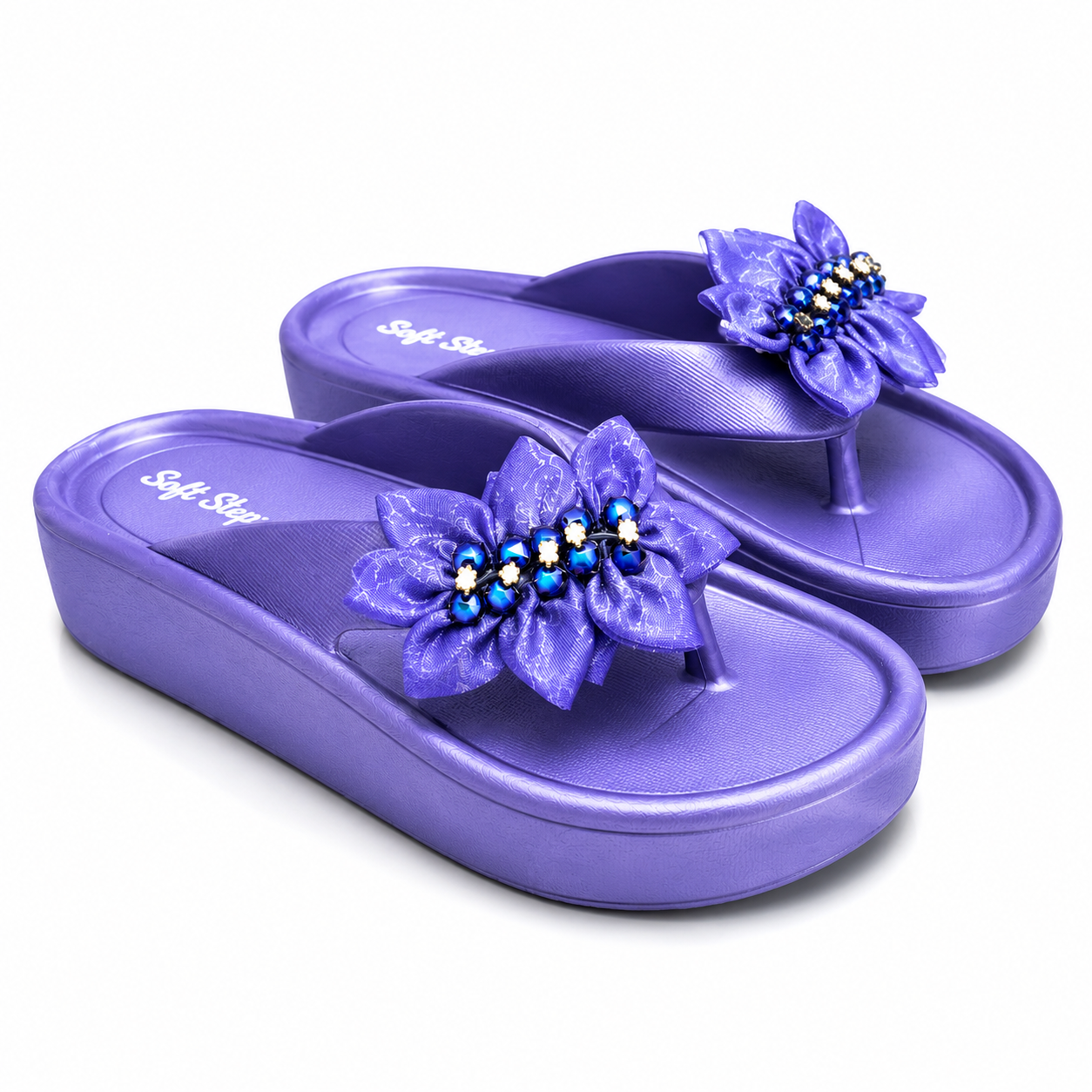 Women's Royal Blue Floral Comfort Slides – Soft Lightweight Slippers